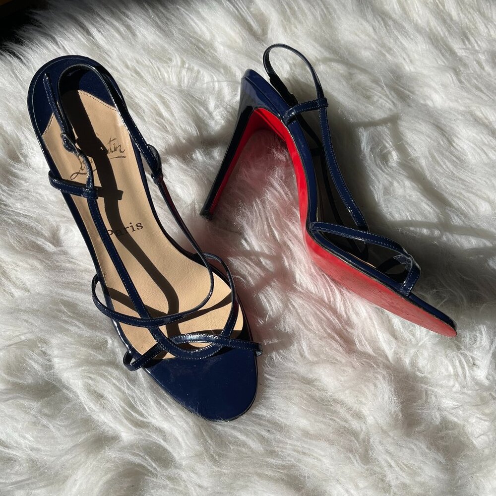 Christian Louboutin Navy Blue Patent Leather Strappy Heels Red Bottoms